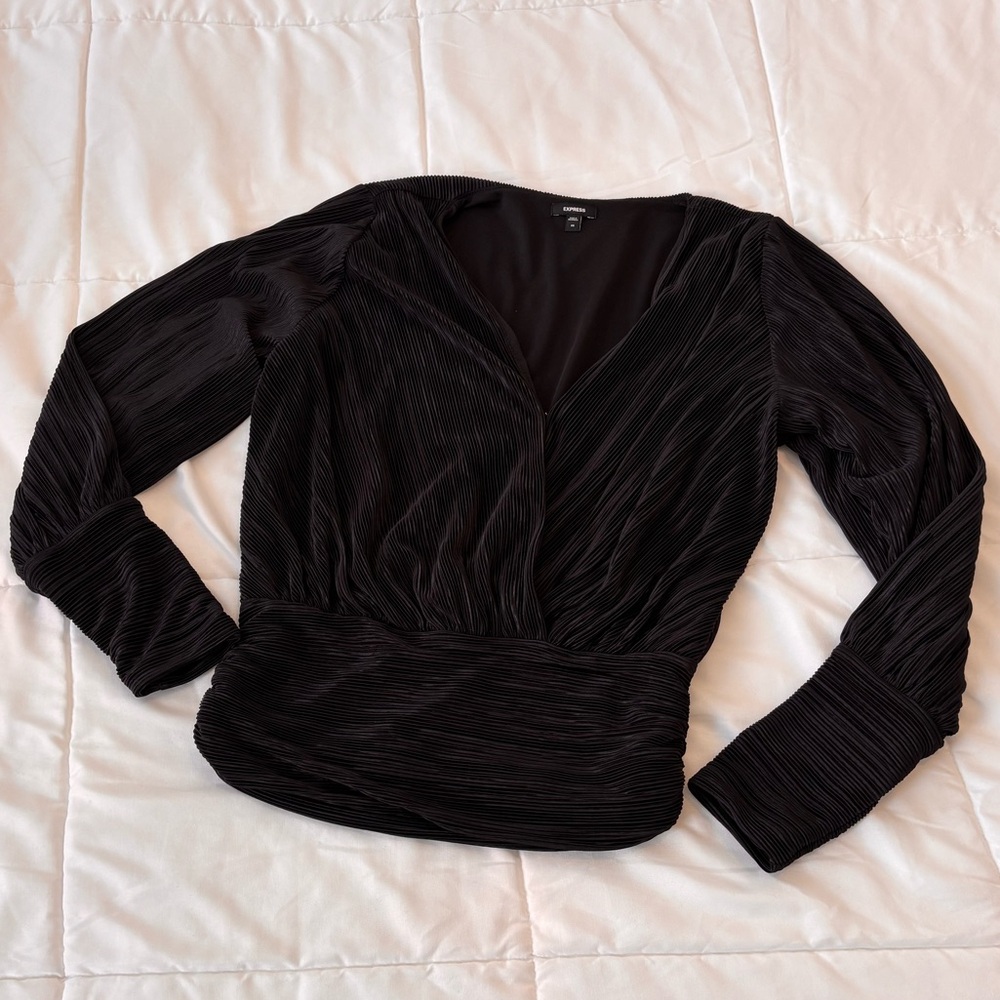 Express Pleated V-neck Long Sleeve Surplice Top
